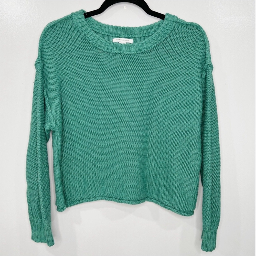 American Eagle Oversized Crewneck Knit Rolled Hem Cotton Sweater